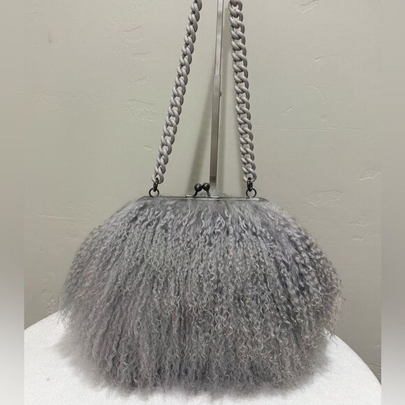 Gray Handmade Genuine Mongolian Lamb Fur Kisslock Clutch/Shoulder Bag/Crossbody - Picture 2 of 16